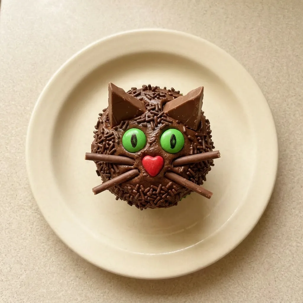 A serving of black-frosted cupcakes decorated with chocolate sprinkles, red heart Runts, M&Ms, and Pocky sticks.