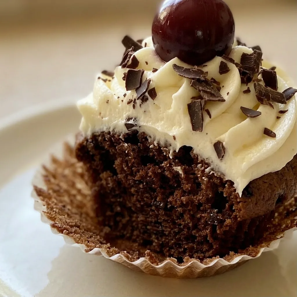 Close view of a black forest muffin with a swirl of cream cheese frosting, dark chocolate shavings, and a glossy sour cherry on top.