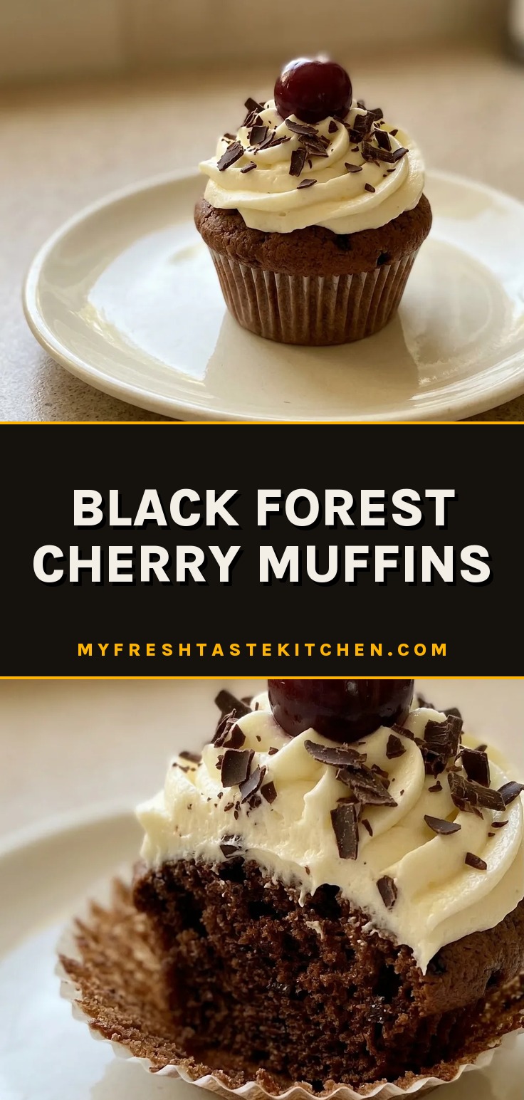Overhead shot of a dark chocolate muffin topped with cream cheese frosting, dark chocolate shavings, and a sour cherry.