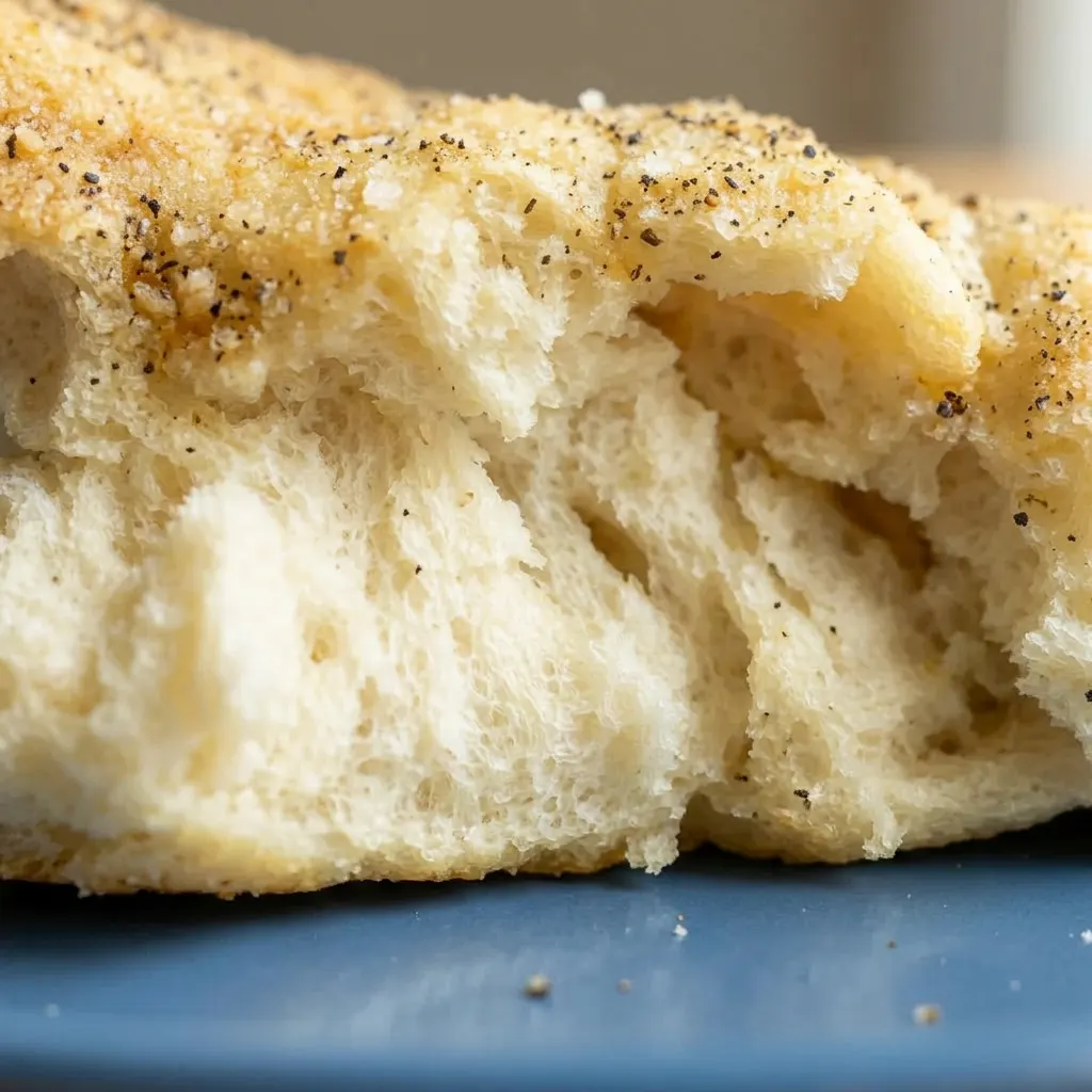 Up close, a piece of focaccia with a crisp, dark edge and a soft crumb, dotted with black pepper and Parmesan.