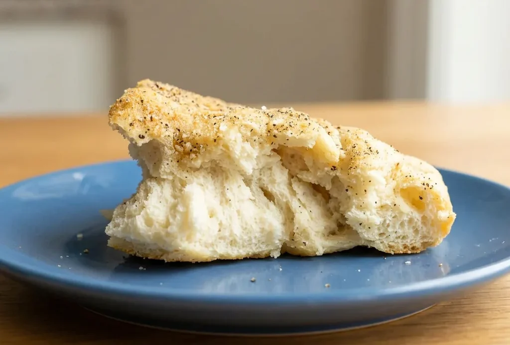 Looking down at a square of golden-brown focaccia topped with black pepper and grated Parmesan cheese.