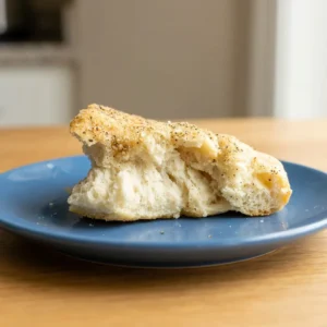 Looking down at a square of golden-brown focaccia topped with black pepper and grated Parmesan cheese.