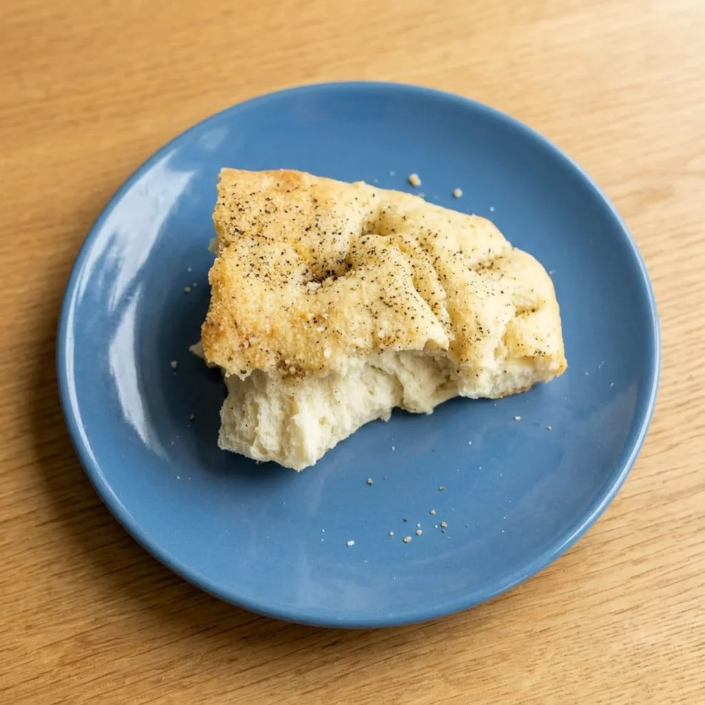 A plate of focaccia bread, its surface dimpled and scattered with black pepper and Parmesan cheese.