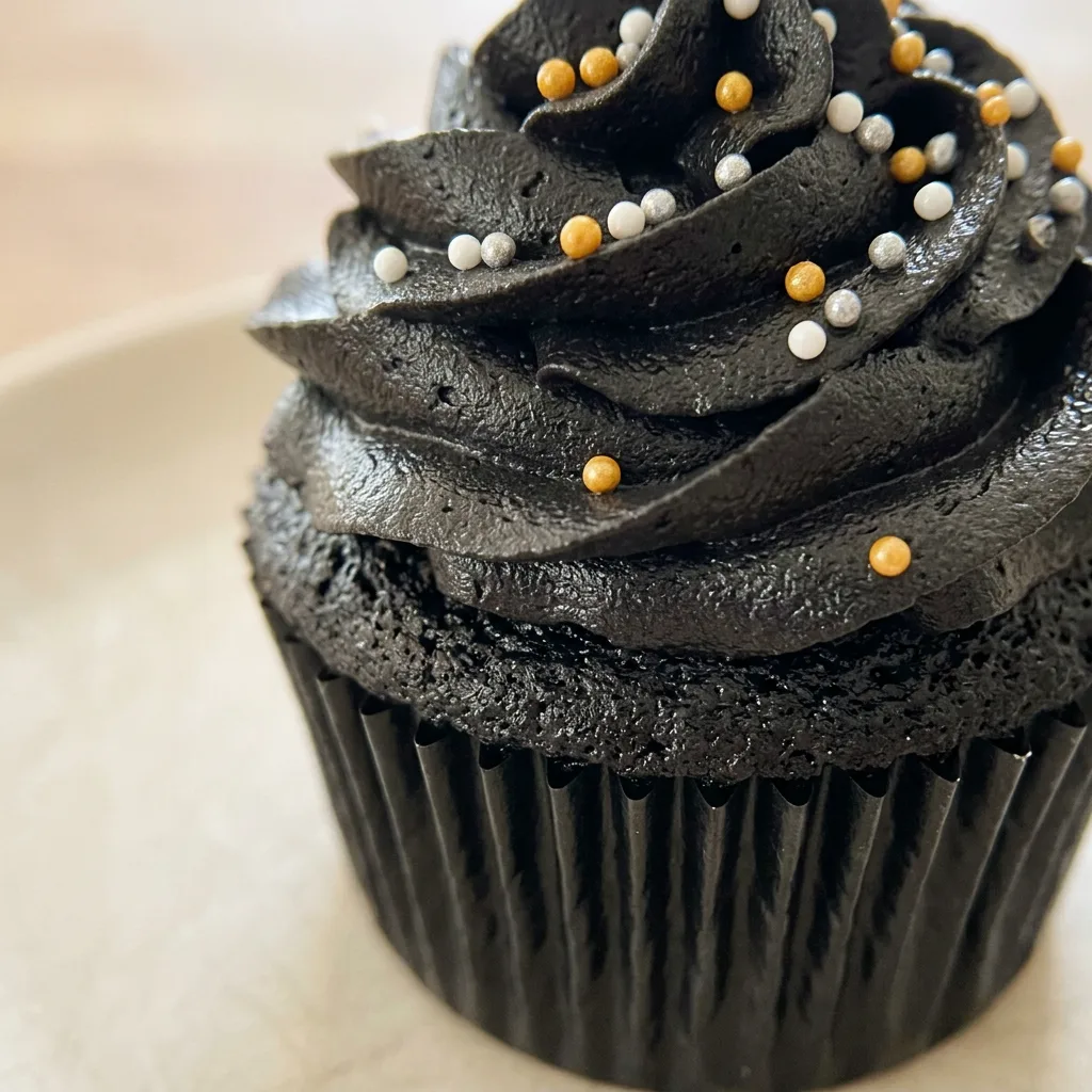 Close view of a black velvet cupcake with creamy vanilla frosting, visible cocoa specks, and a glossy crumb.