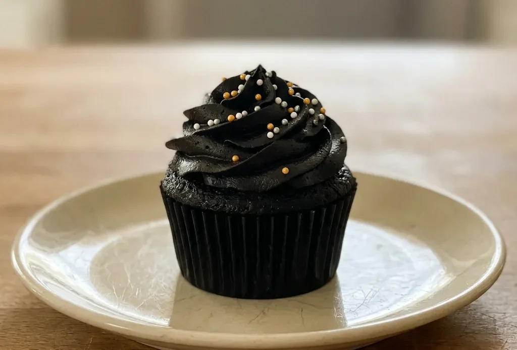 Overhead shot of a dark chocolate cupcake topped with a swirl of black cocoa buttercream and a few sprinkles.