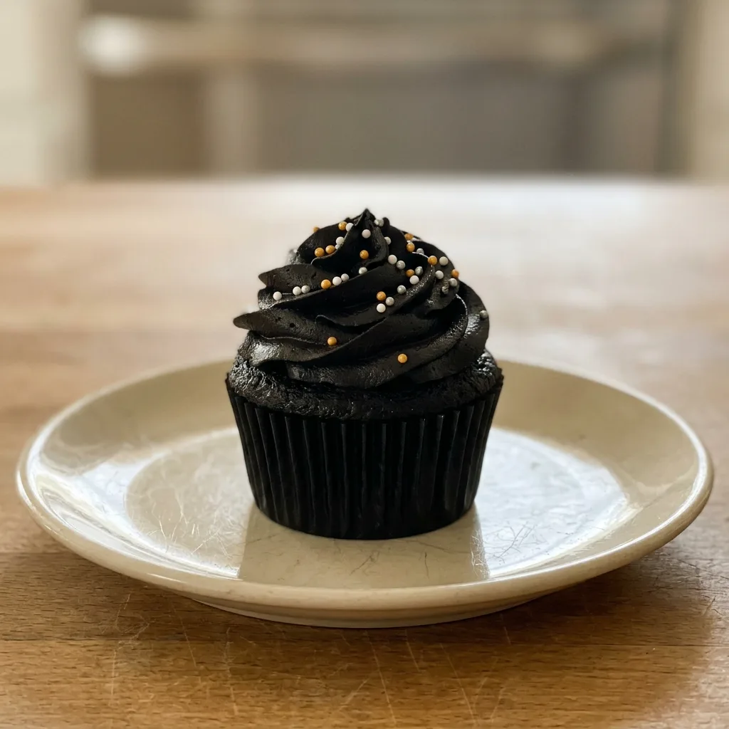 Overhead shot of a dark chocolate cupcake topped with a swirl of black cocoa buttercream and a few sprinkles.