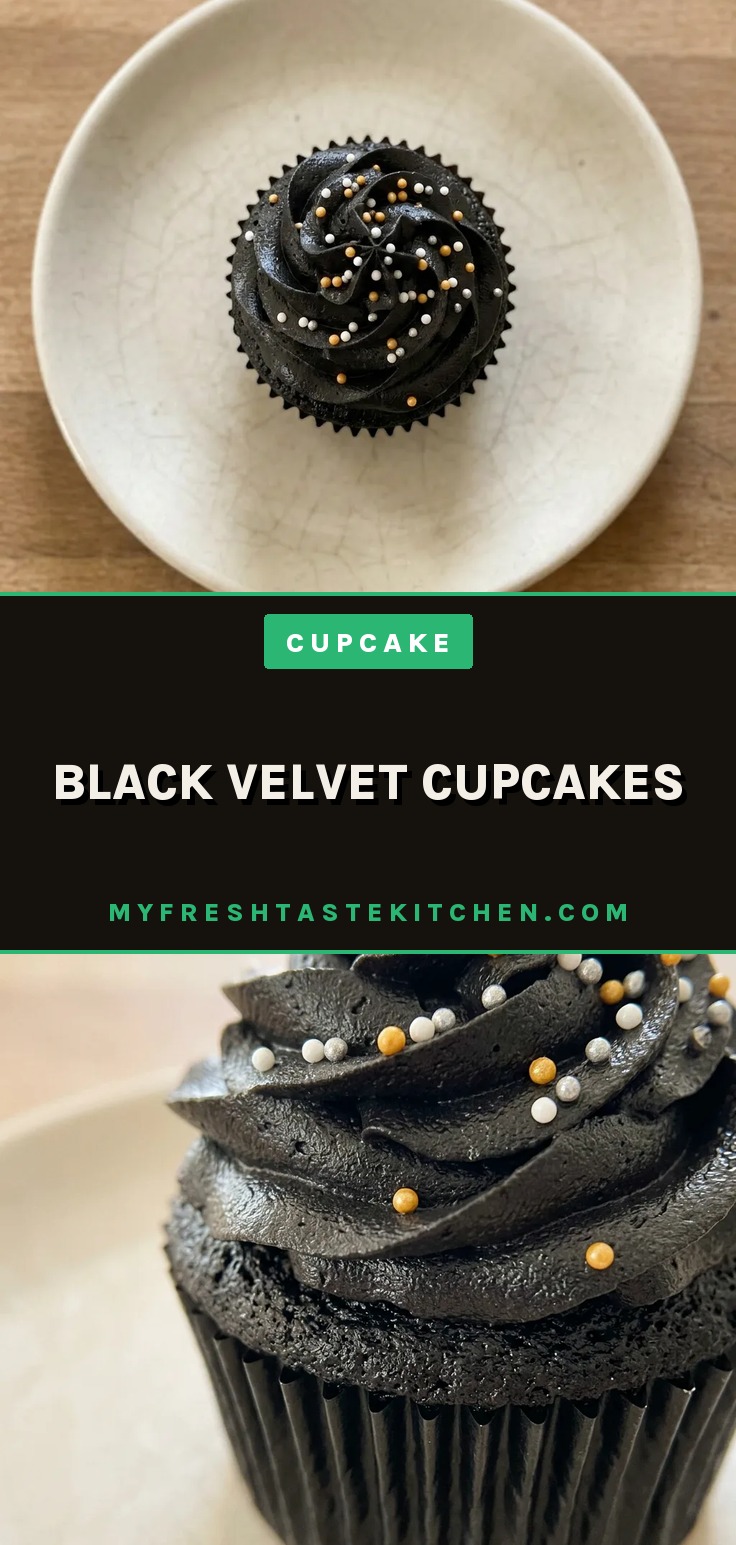 Overhead shot of a dark chocolate cupcake topped with a swirl of black cocoa buttercream and a few sprinkles.