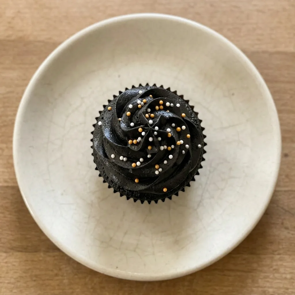 Plated cupcake with a generous swirl of powdered sugar and heavy cream frosting, garnished with a chocolate curl.