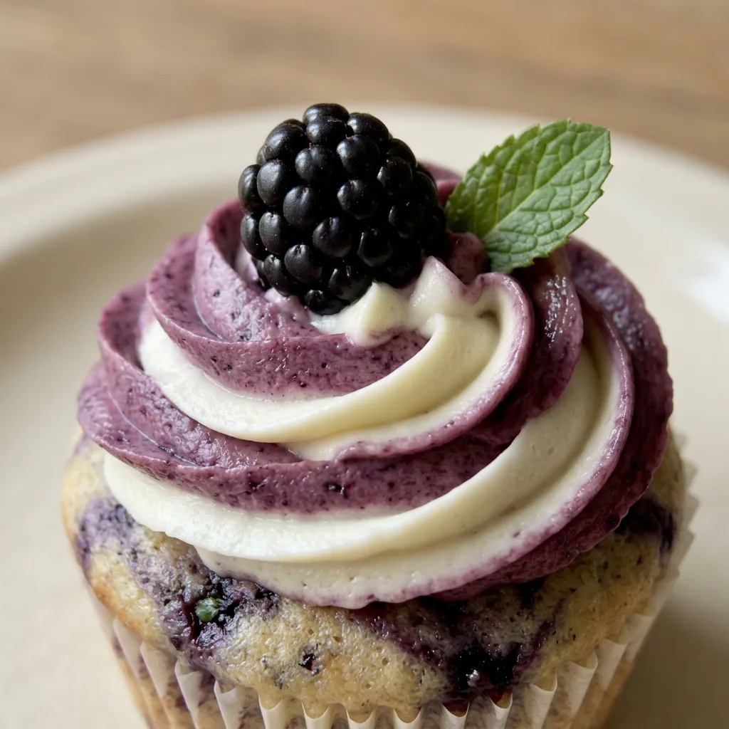 Close view of a vanilla cupcake with blackberry swirls, crowned with buttercream and fresh blackberries.