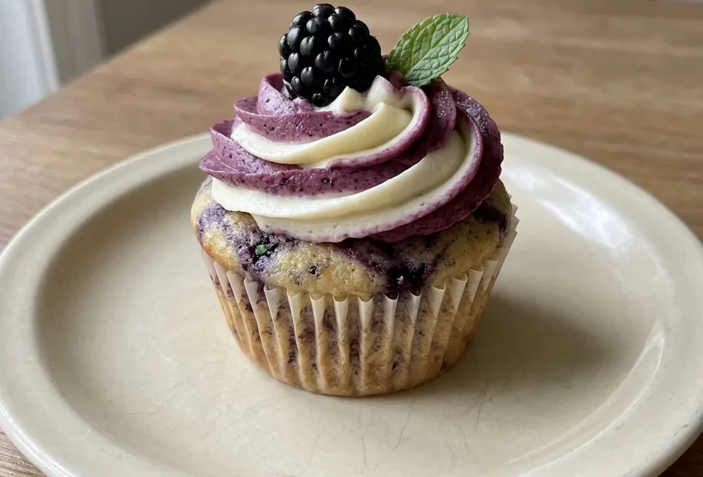 Overhead shot of a blackberry swirl cupcake topped with cream cheese frosting and a whole blackberry.
