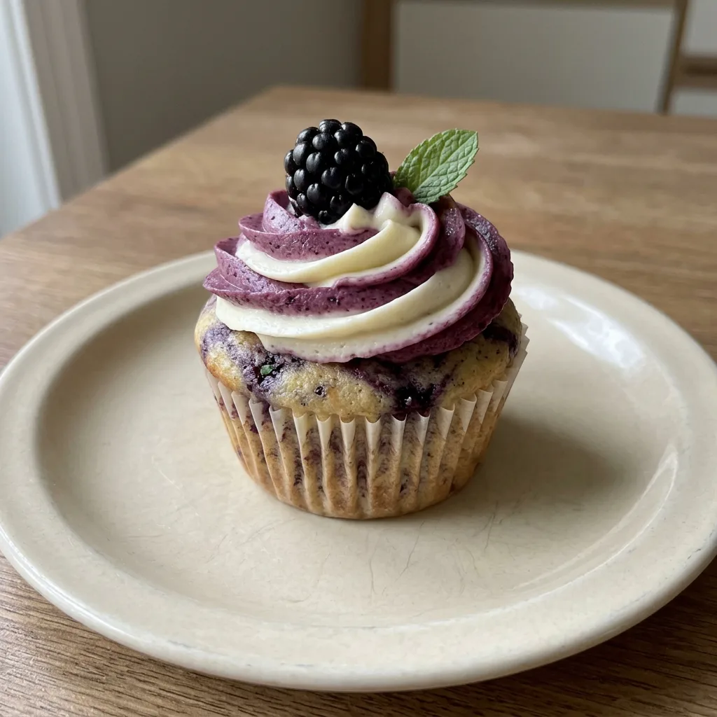 Overhead shot of a blackberry swirl cupcake topped with cream cheese frosting and a whole blackberry.