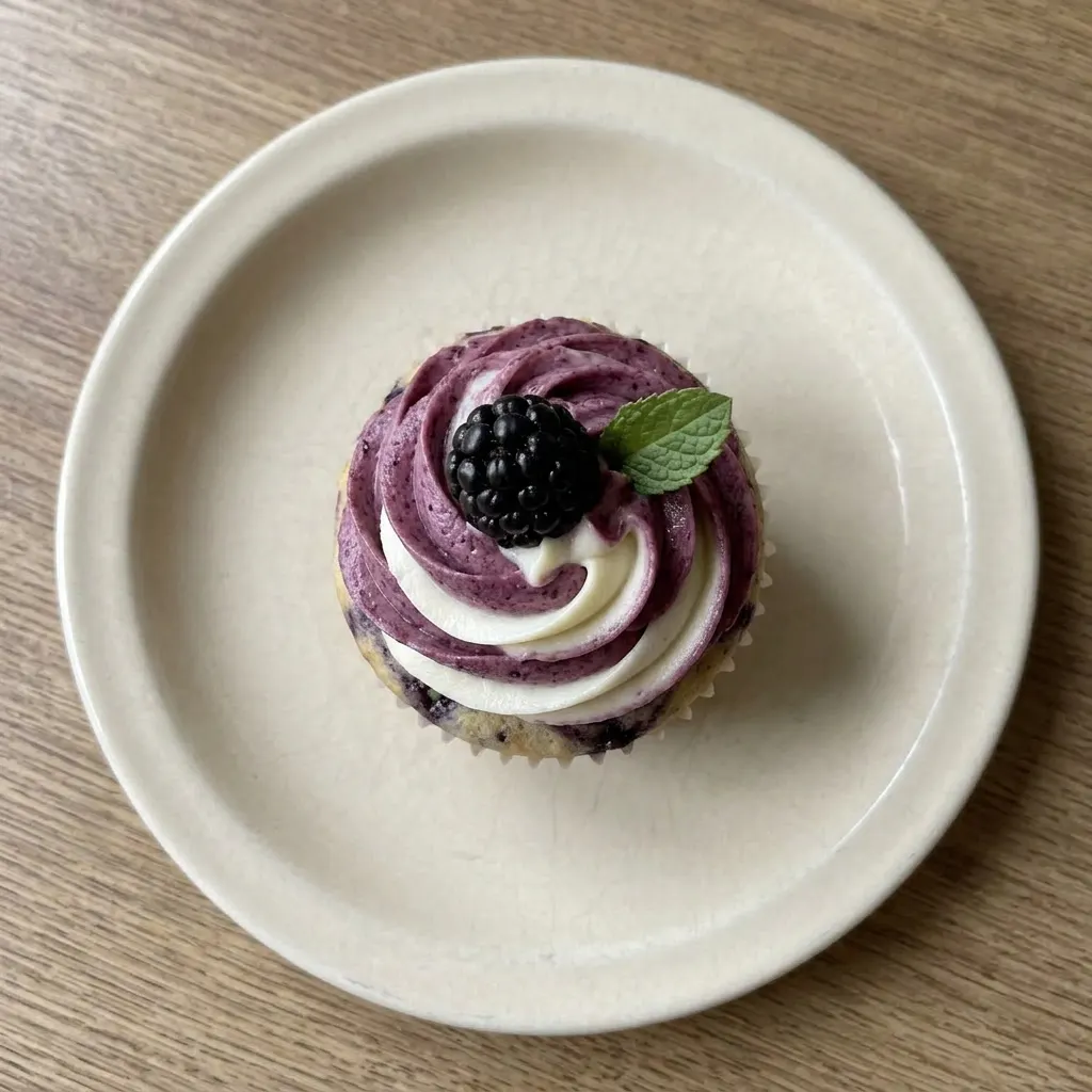 Plated cupcake with visible blackberry jam layers, cream cheese frosting, and a berry garnish.