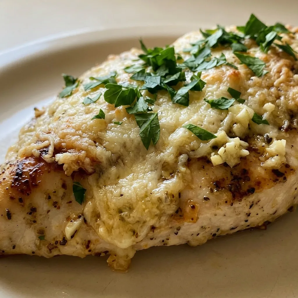 Zoomed in on a golden-brown chicken piece with crispy Parmesan crust, visible garlic bits, and a glossy olive oil sheen.