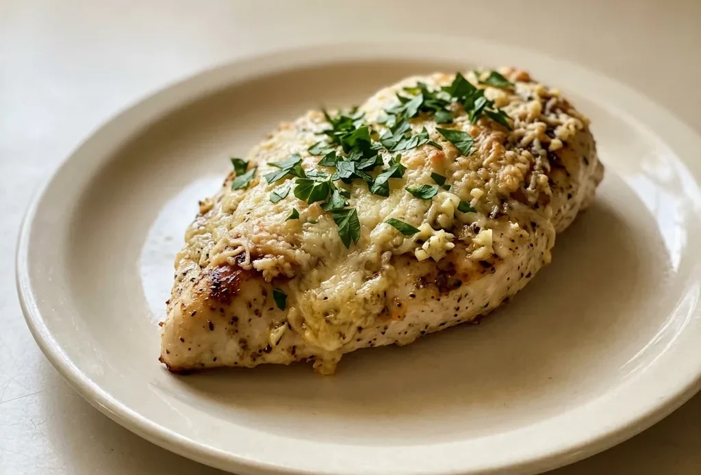 Bird's-eye view of a chicken breast topped with melted Parmesan and garlic, drizzled with olive oil and sprinkled with Italian seasoning.