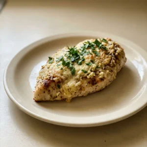 Bird's-eye view of a chicken breast topped with melted Parmesan and garlic, drizzled with olive oil and sprinkled with Italian seasoning.
