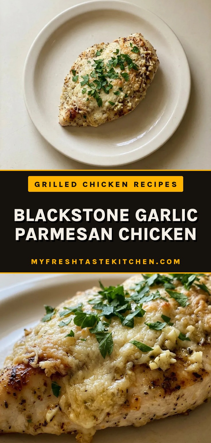 Bird's-eye view of a chicken breast topped with melted Parmesan and garlic, drizzled with olive oil and sprinkled with Italian seasoning.