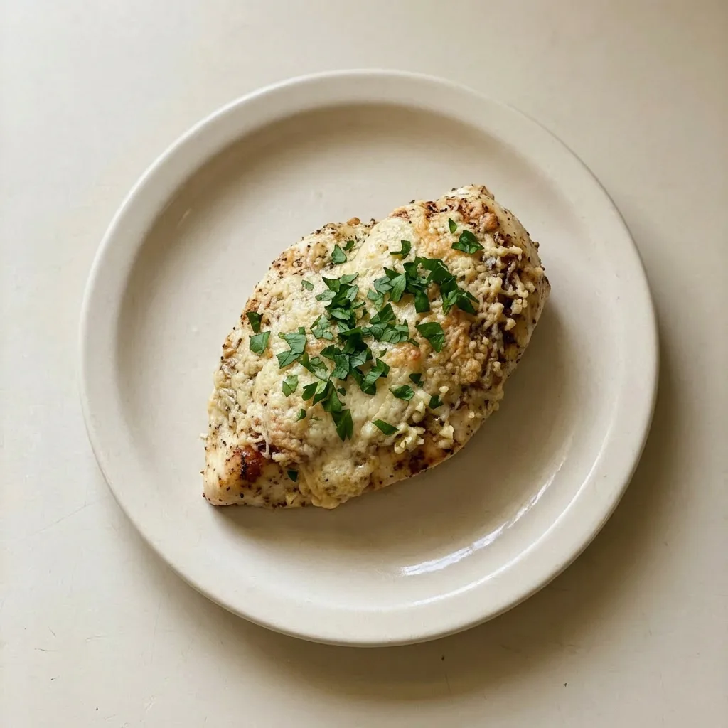 Ready to serve: a plated chicken breast with melted Parmesan, roasted garlic cloves, and a light drizzle of olive oil.
