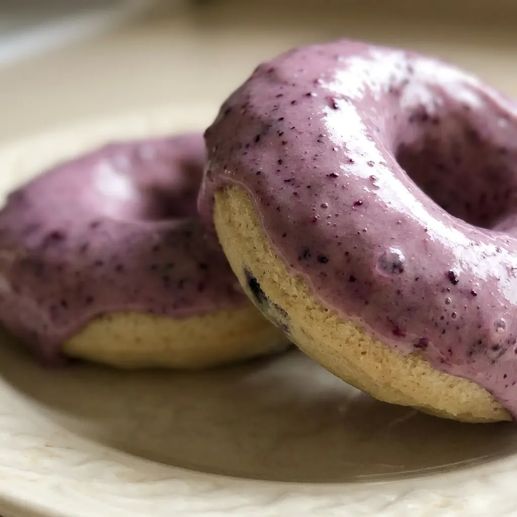 Up close, a donut with a golden crumb, studded with blueberries, and a thick blueberry jam glaze dripping slightly.
