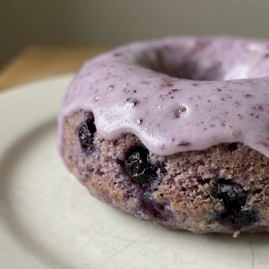 Close view of a blueberry cake donut with visible wild blueberries and a light coating of powdered sugar.