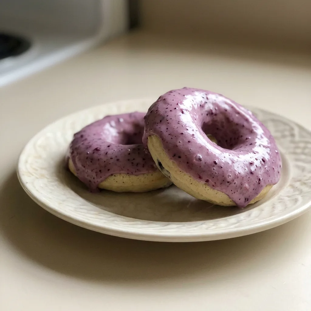 Looking down at a round blueberry cake donut with a glossy blueberry jam glaze and visible blueberries on top.