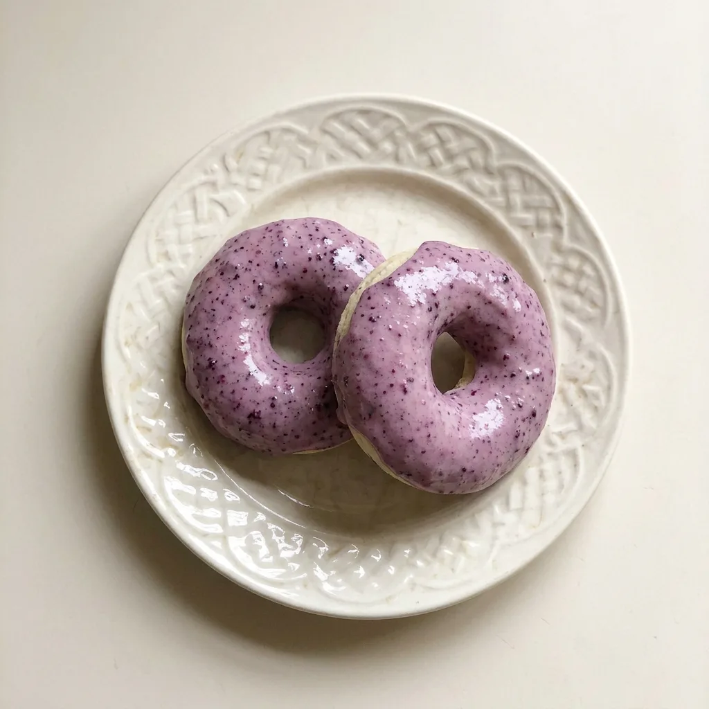 A plate of three blueberry cake donuts, each with a shiny jam glaze and scattered blueberries.