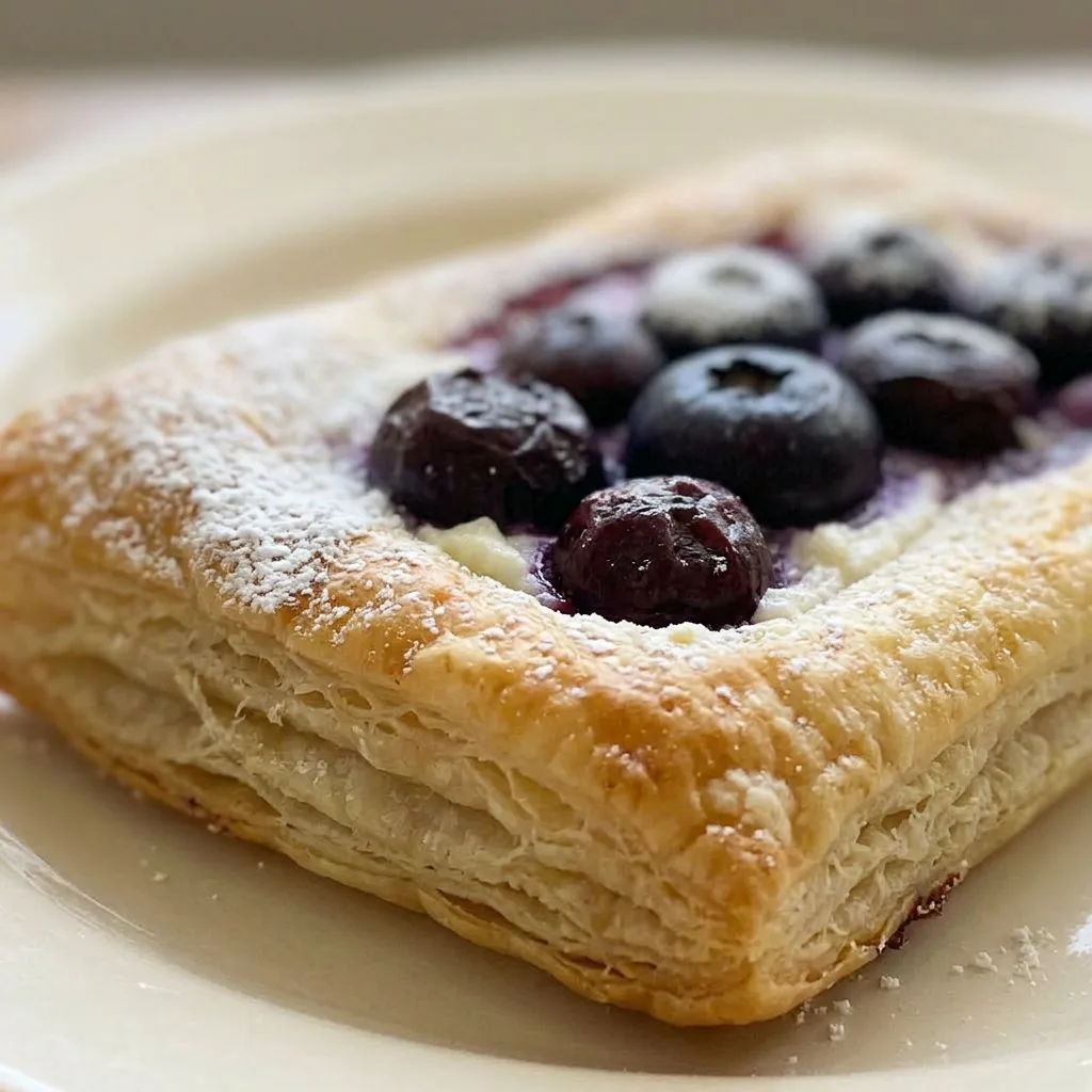 Up close, a golden puff pastry square with creamy farmer cheese, whole blueberries, and a dusting of powdered sugar.