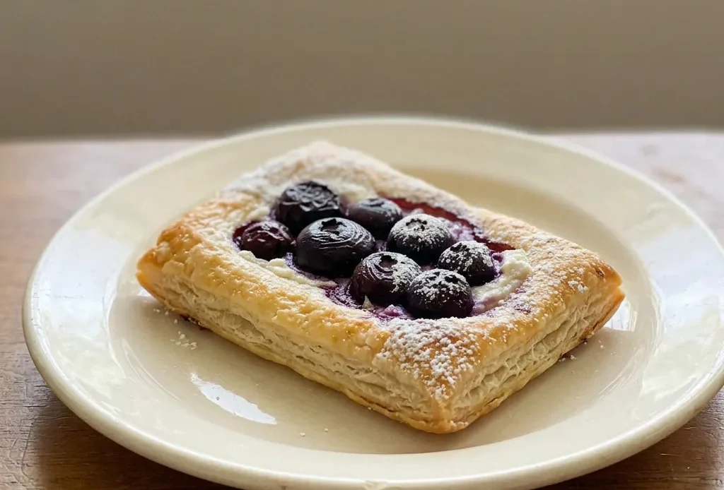 Looking down at a rectangular puff pastry topped with farmer cheese and blueberries, dusted with powdered sugar.