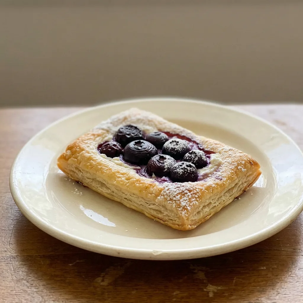 Looking down at a rectangular puff pastry topped with farmer cheese and blueberries, dusted with powdered sugar.