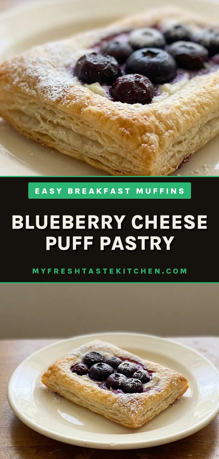 Blueberry cheese puff pastry pastries with farmer cheese and blueberries on a parchment-lined baking sheet.