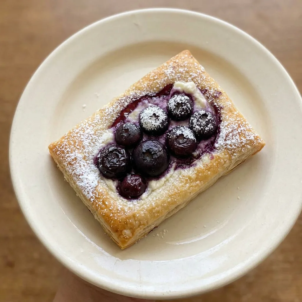 A plate of puff pastry with farmer cheese, blueberries, and powdered sugar, cut into pieces.