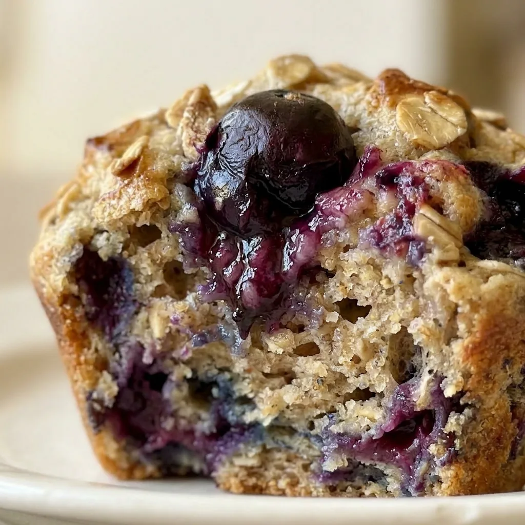 Zoomed in on a blueberry oat muffin with visible whole wheat flour texture, blueberries, and a drizzle of maple syrup.