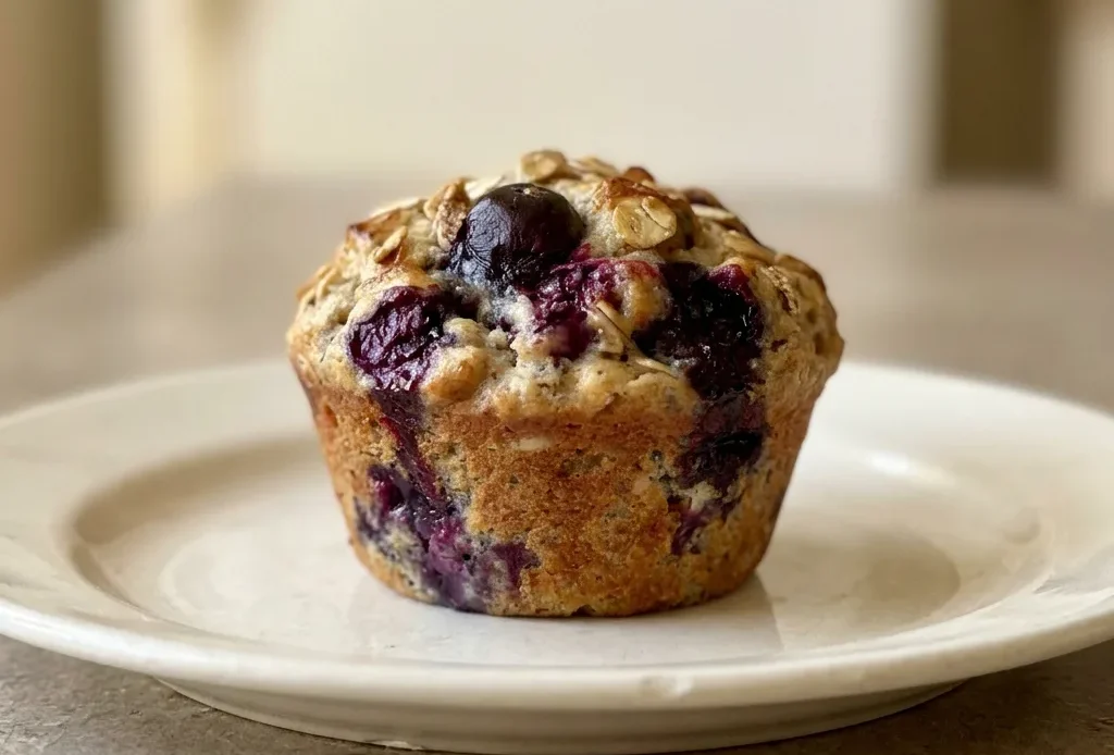 Bird's-eye view of a blueberry oat muffin on a plate, topped with rolled oats and a dollop of Greek yogurt.