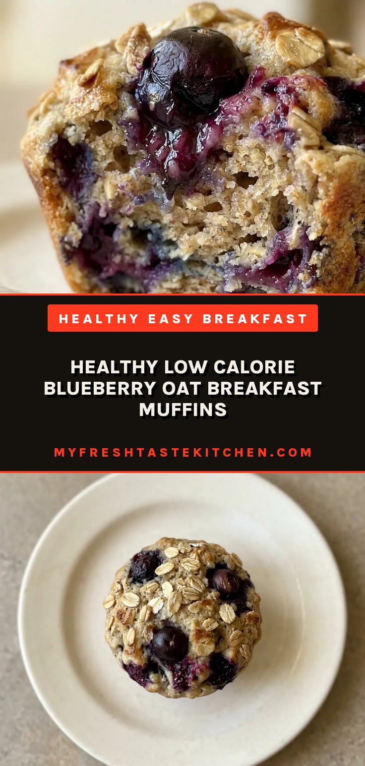 Healthy low calorie blueberry oat breakfast muffins with rolled oats and blueberries, showing a domed top with visible berry pieces.