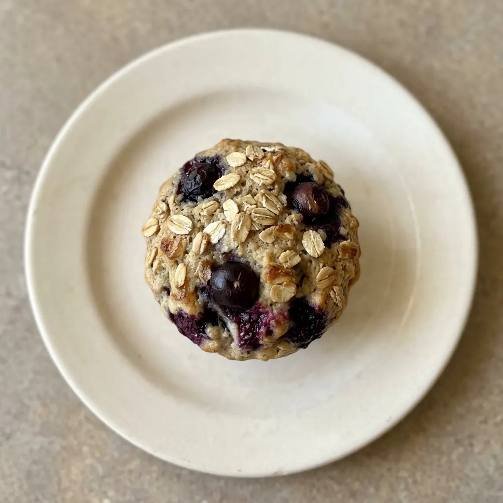 Ready to serve: a blueberry oat muffin with applesauce and Greek yogurt, garnished with fresh blueberries.