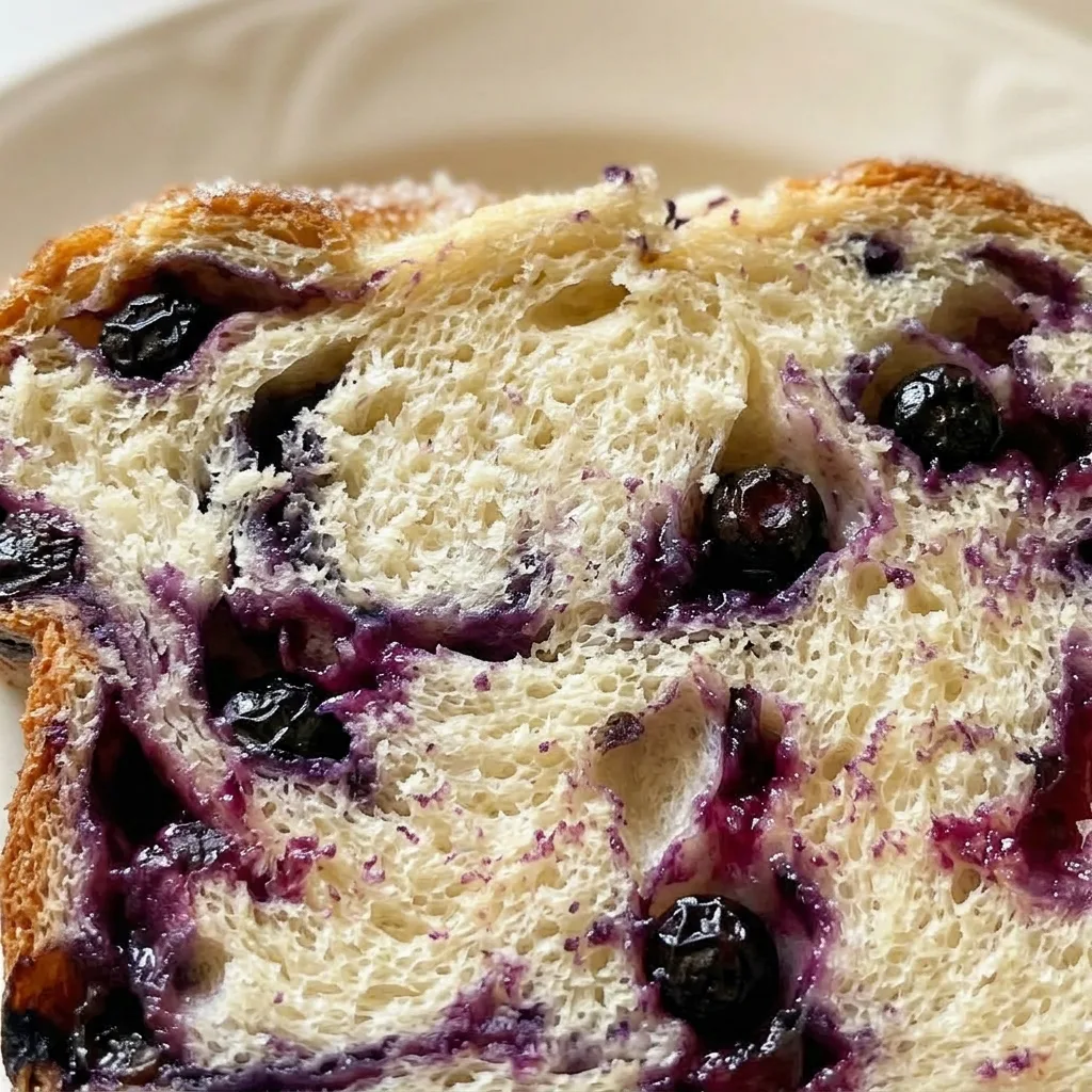 Up close, a slice of bread shows a spiral of blueberries and cream-colored dough, with specks of berry skin.
