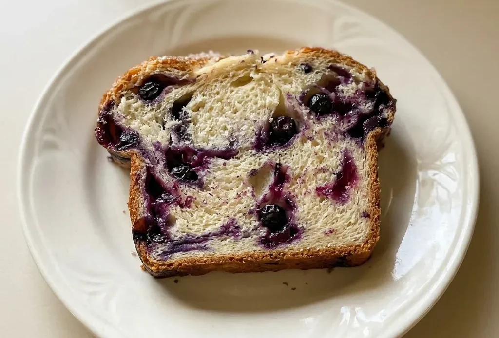 Looking down at a loaf of blueberry swirl bread with purple-blue berry ribbons visible in the golden crumb.