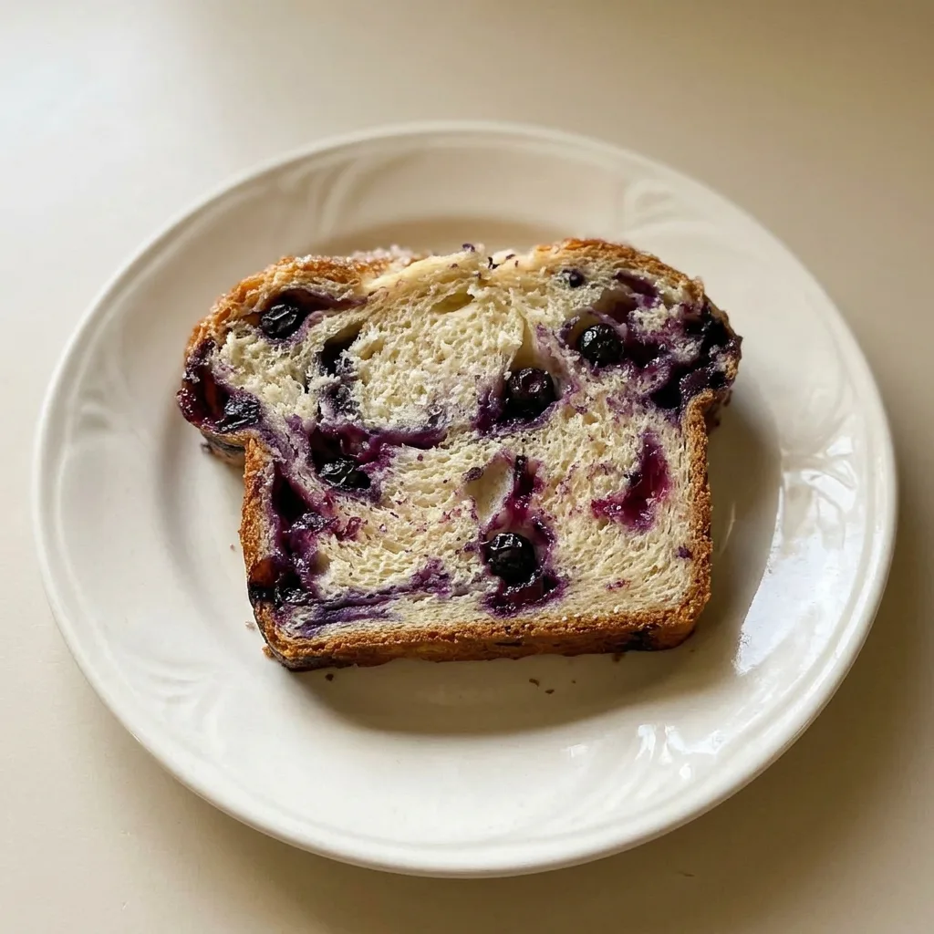 Looking down at a loaf of blueberry swirl bread with purple-blue berry ribbons visible in the golden crumb.