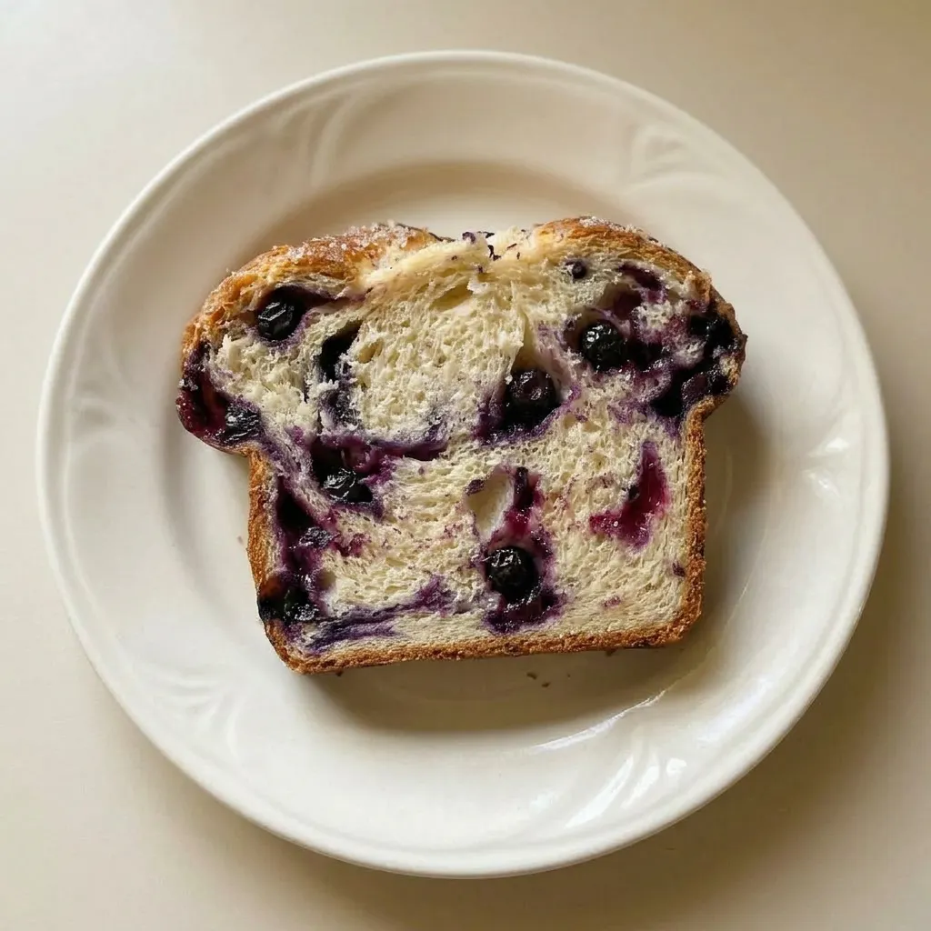 A plate of blueberry swirl bread slices arranged in a fan, with glossy blueberry patches on each slice.