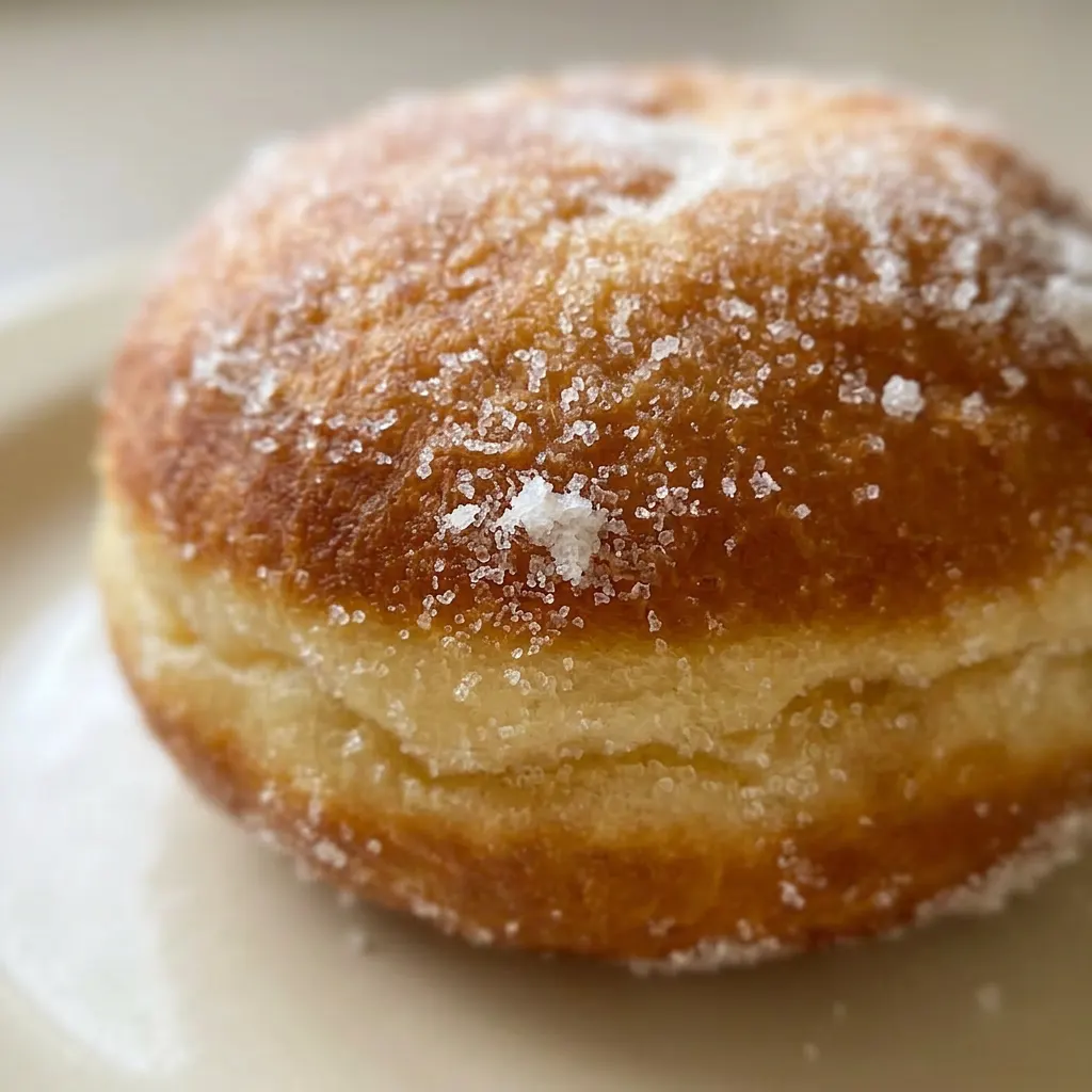 Macro detail of a donut with golden brown crust, visible lemon zest specks, and a dusting of powdered sugar.
