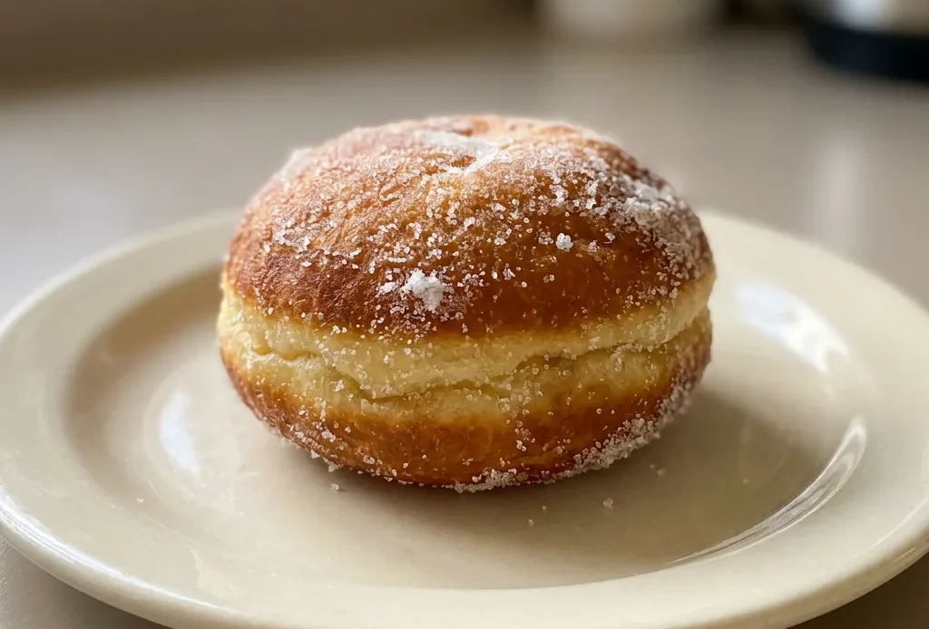 Top-down look at three jam-filled donuts dusted with powdered sugar, arranged in a triangle.