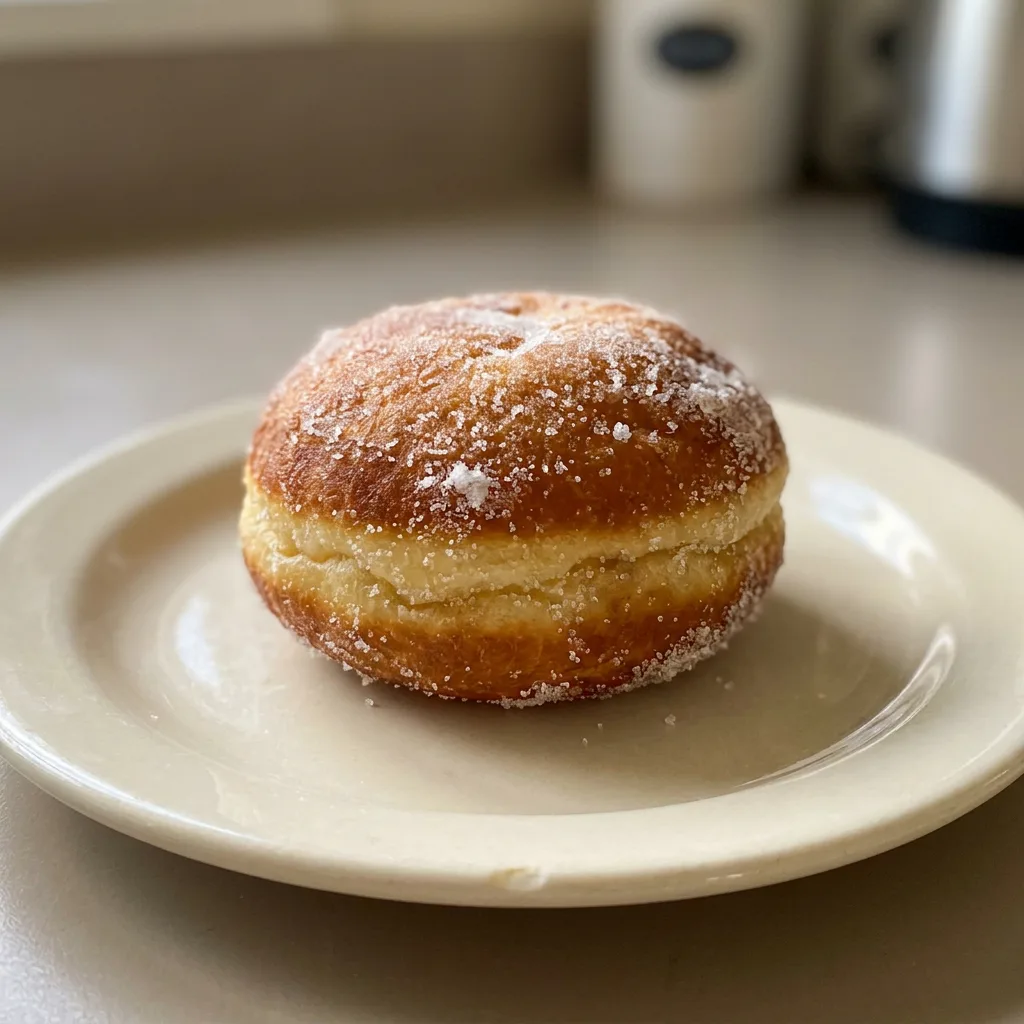 Top-down look at three jam-filled donuts dusted with powdered sugar, arranged in a triangle.