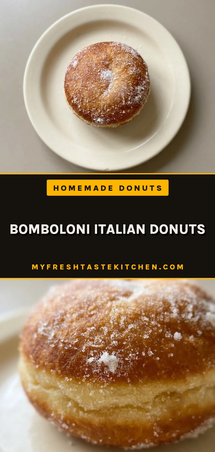 Bomboloni Italian Donuts, round fried dough dusted with sugar, filled with yellow pastry cream made with eggs, butter, milk, yeast, vanilla, lemon zest, cornstarch, and egg yolks.