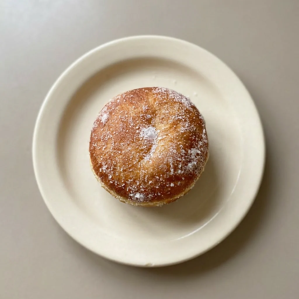 A serving of two donuts on a white surface, one cut open to show vanilla custard filling.