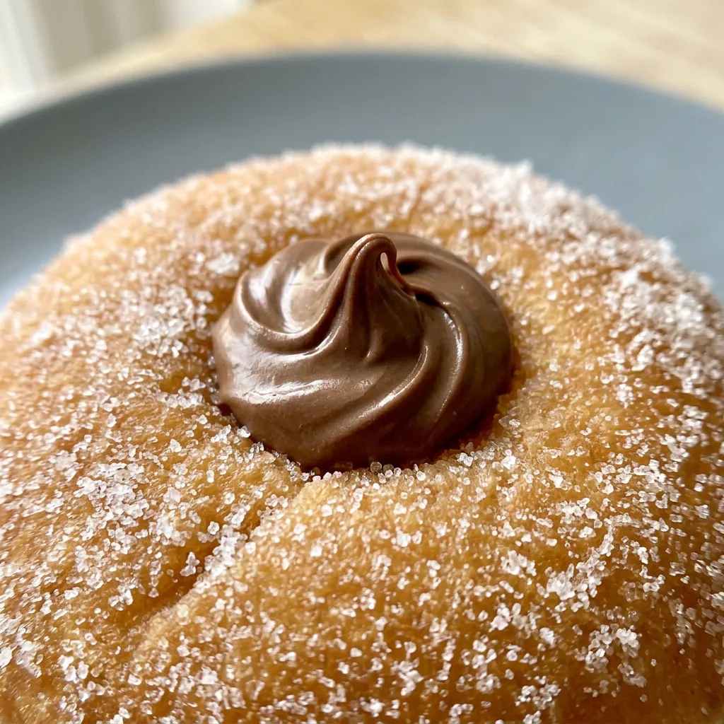 Close view of a bomboloni with golden-brown surface, dusted with powdered sugar, and Nutella oozing from a bite.