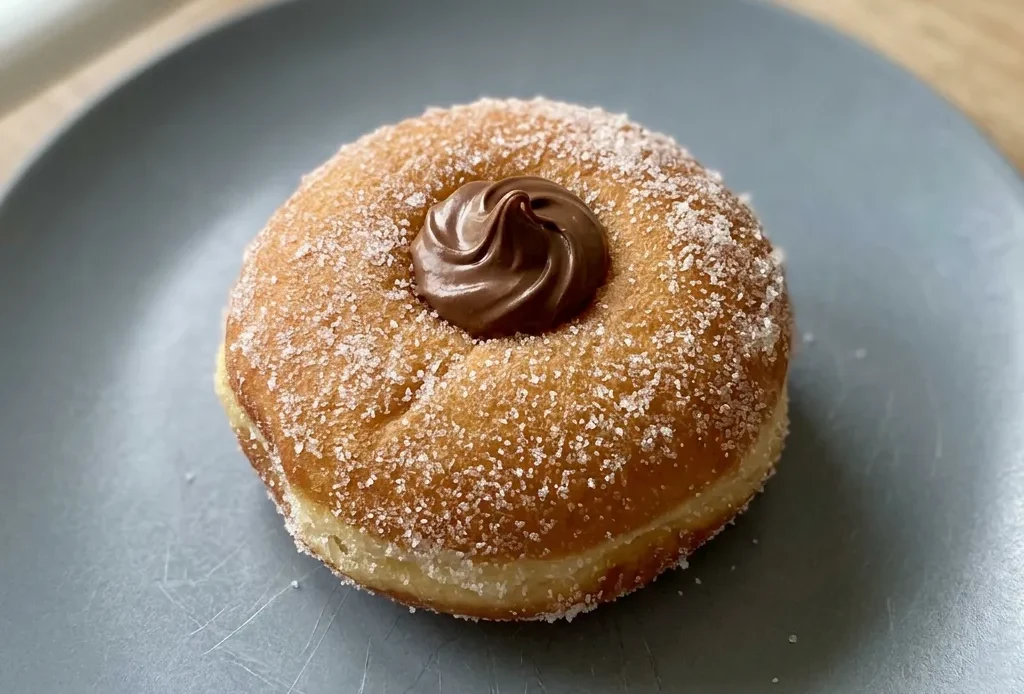 Overhead shot of six round bomboloni dusted with powdered sugar, filled with Nutella, on a wooden board.