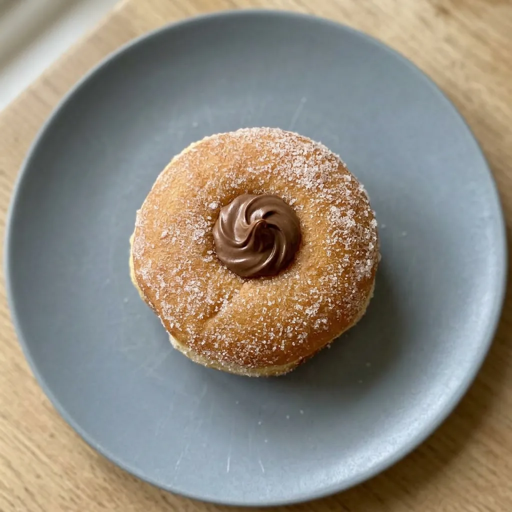 Plated bomboloni on a small dish, each dusted with powdered sugar, with a side of Nutella for dipping.
