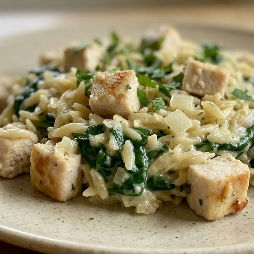 Close view of tender chicken and orzo in a creamy sauce, with visible Boursin cheese and spinach leaves.