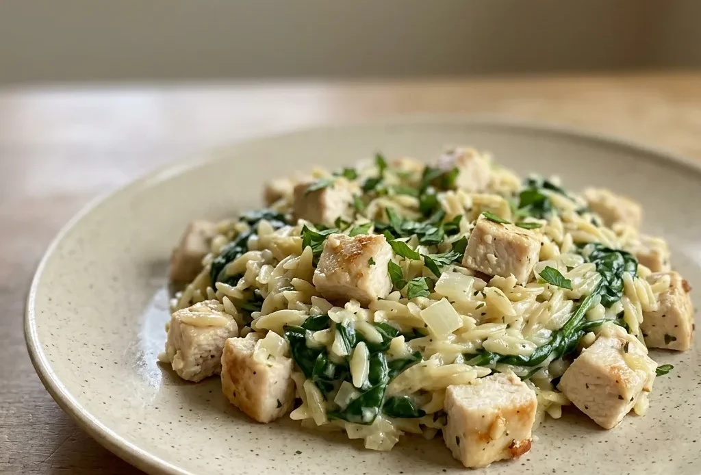 Overhead shot of creamy orzo with chicken pieces, wilted spinach, and melted Boursin cheese, topped with garlic and onion.