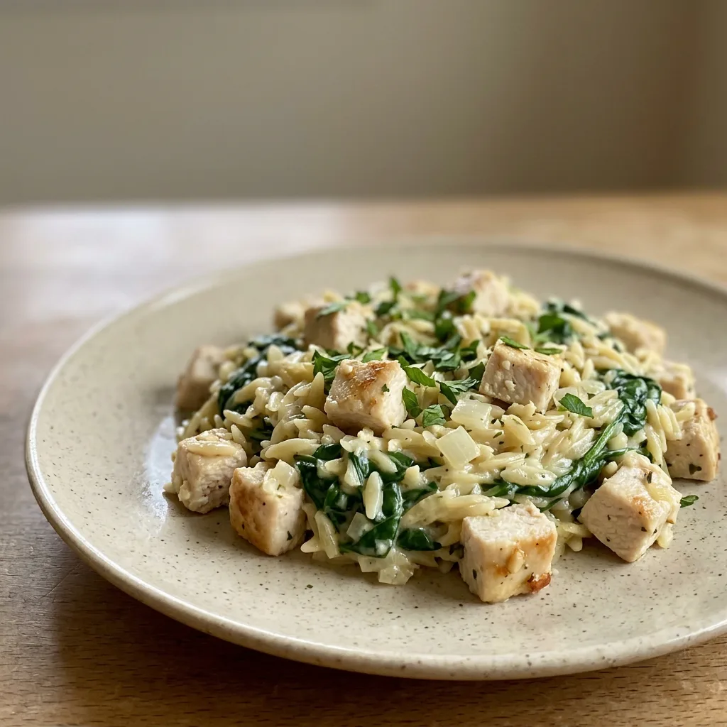 Overhead shot of creamy orzo with chicken pieces, wilted spinach, and melted Boursin cheese, topped with garlic and onion.