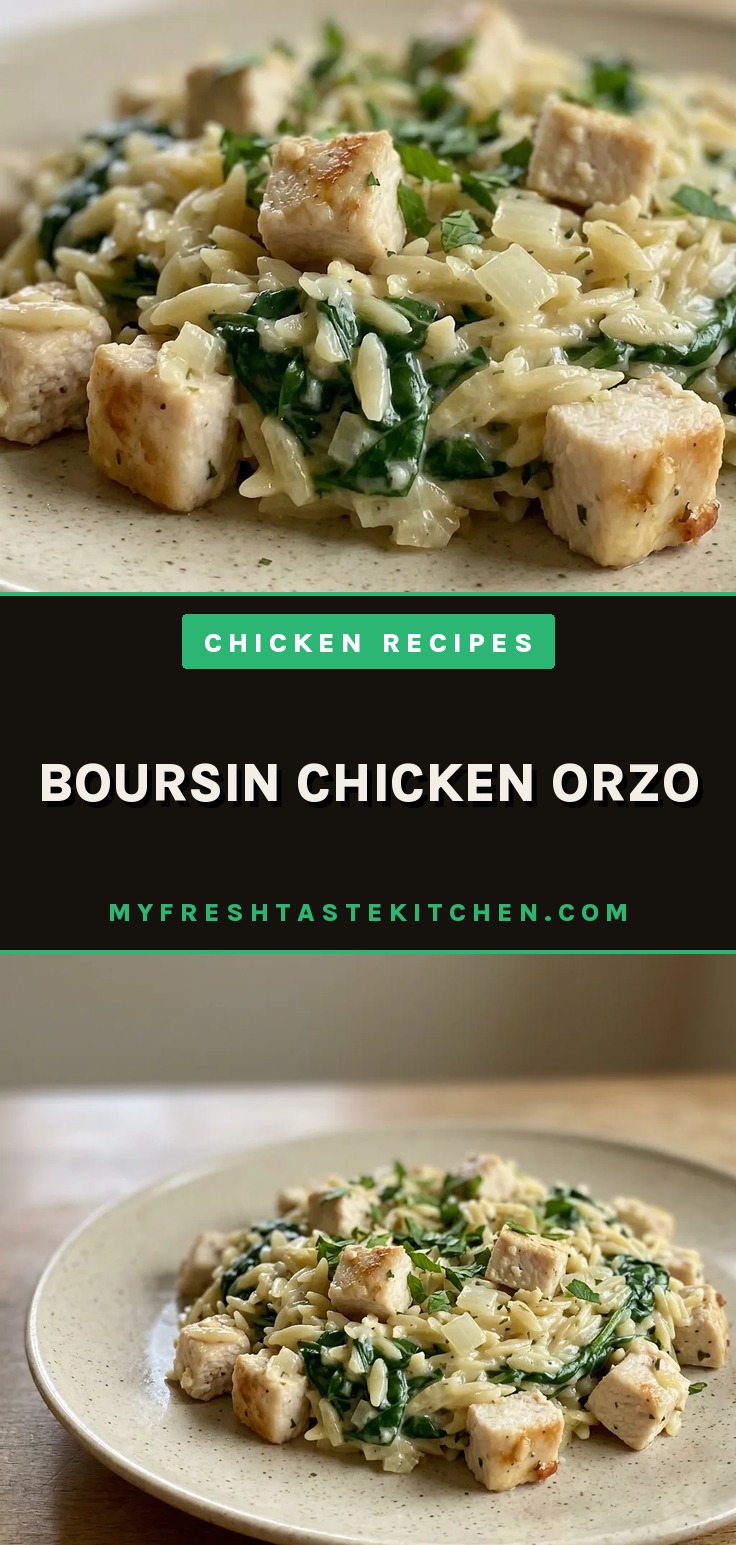 Overhead shot of creamy orzo with chicken pieces, wilted spinach, and melted Boursin cheese, topped with garlic and onion.